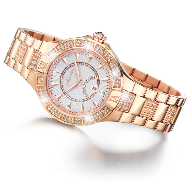 Reloj de Señora Tresor Lady: Cinco piedras preciosas auténticas en los cuartos y la corona: Diamante a las 12 h; Rubí a las 3 h; Esmeralda a las 6 h; y Zafiro a las 9 h y en la corona